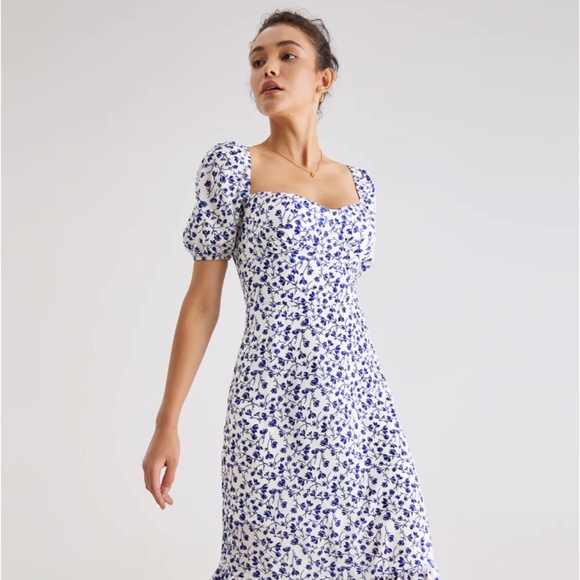 Commense Short Puff Sleeve Floral Tie Neck Midi XS Dress NWT - Picture 2 of 5